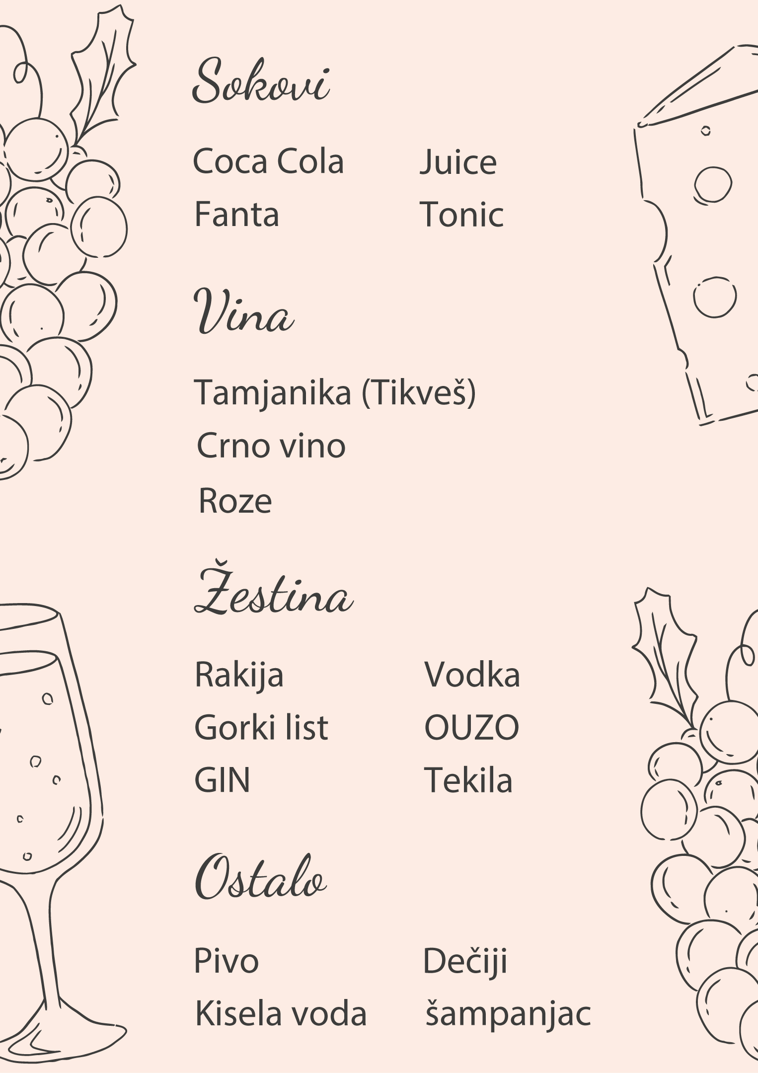 Meni za rođendan - Karta Pića